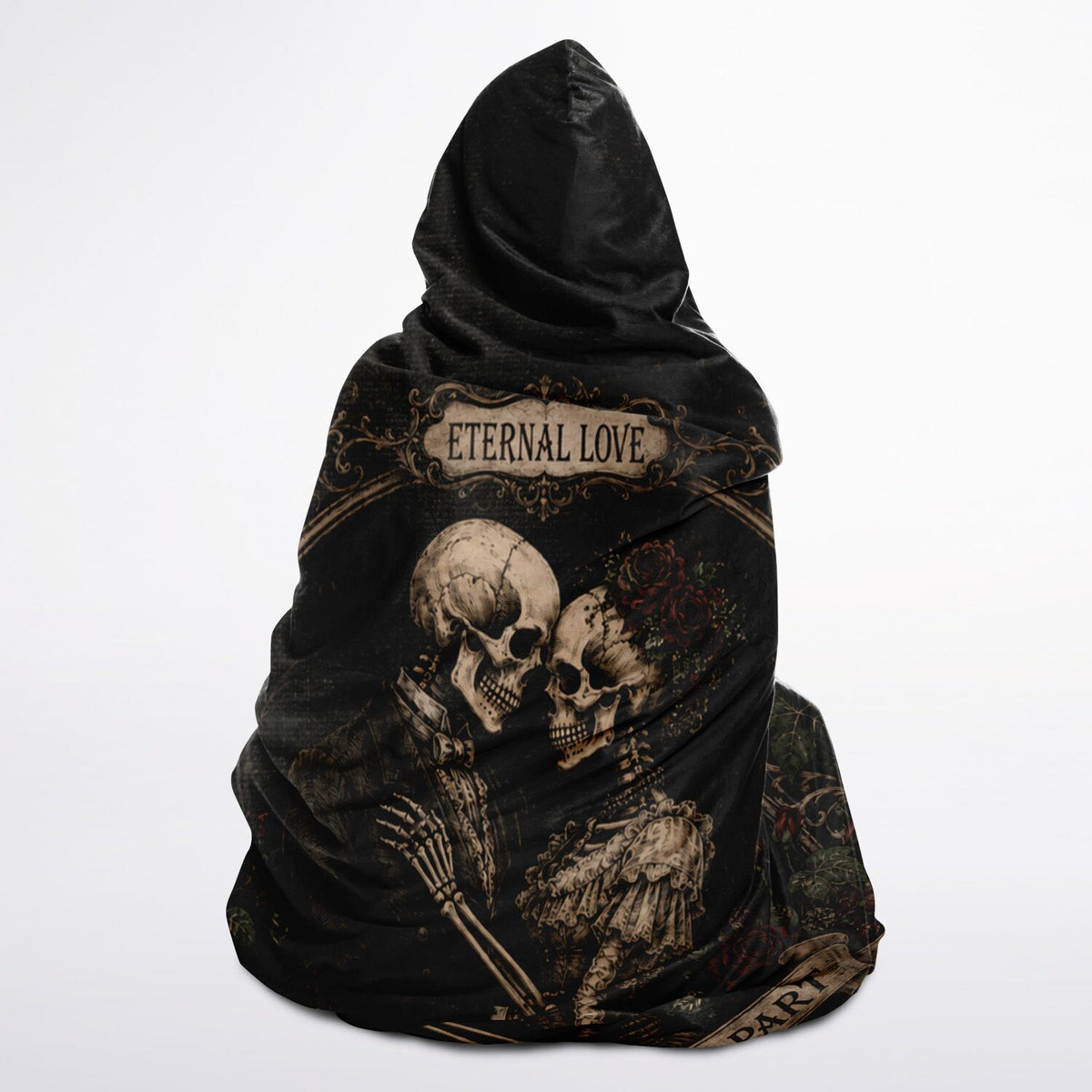 Eternal Love Skeleton Couple Hooded Blanket 45x60 – ultra-soft fleece hooded blanket featuring a romantic gothic skeleton couple surrounded by dark roses cozy and warm