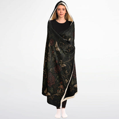 Eternal Love Skeleton Couple Hooded Blanket 45x60 – ultra-soft fleece hooded blanket featuring a romantic gothic skeleton couple surrounded by dark roses ultra cozy