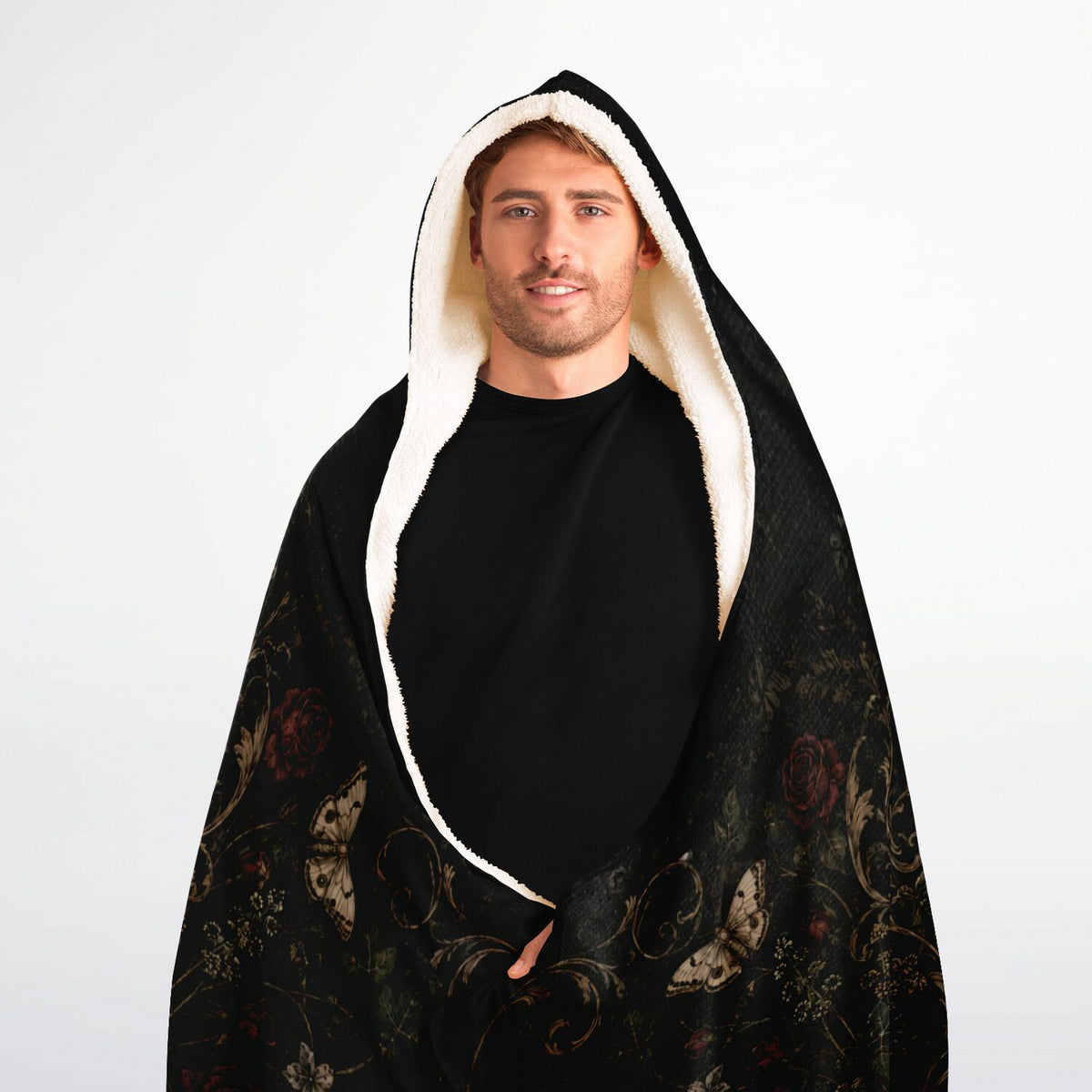 Eternal Love Skeleton Couple Hooded Blanket 60x80 – oversized cozy sherpa hooded blanket featuring an eternal love skeleton couple and vintage floral artwork soft