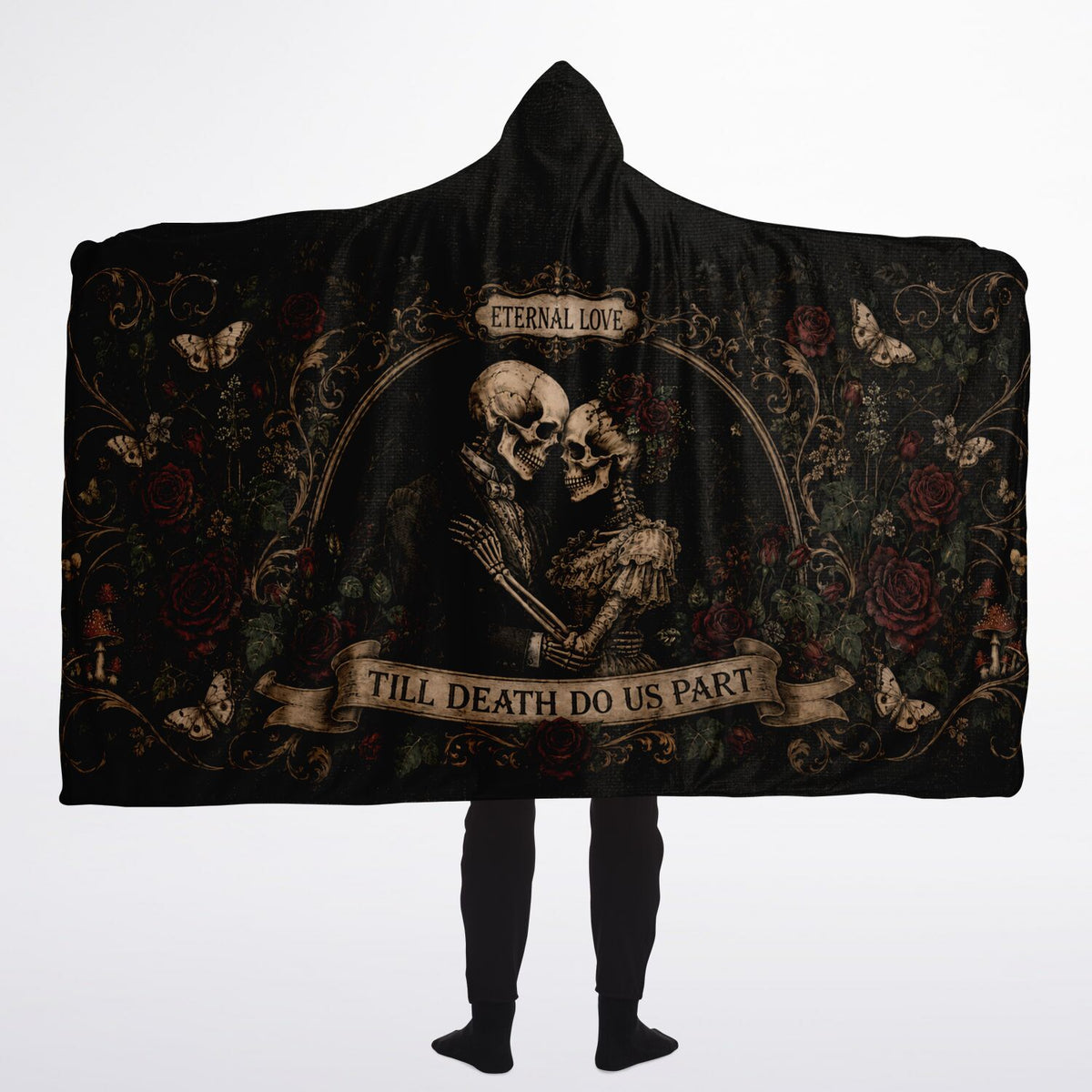 Eternal Love Skeleton Couple Hooded Blanket 60x80 – oversized cozy sherpa hooded blanket featuring an eternal love skeleton couple and vintage floral artwork