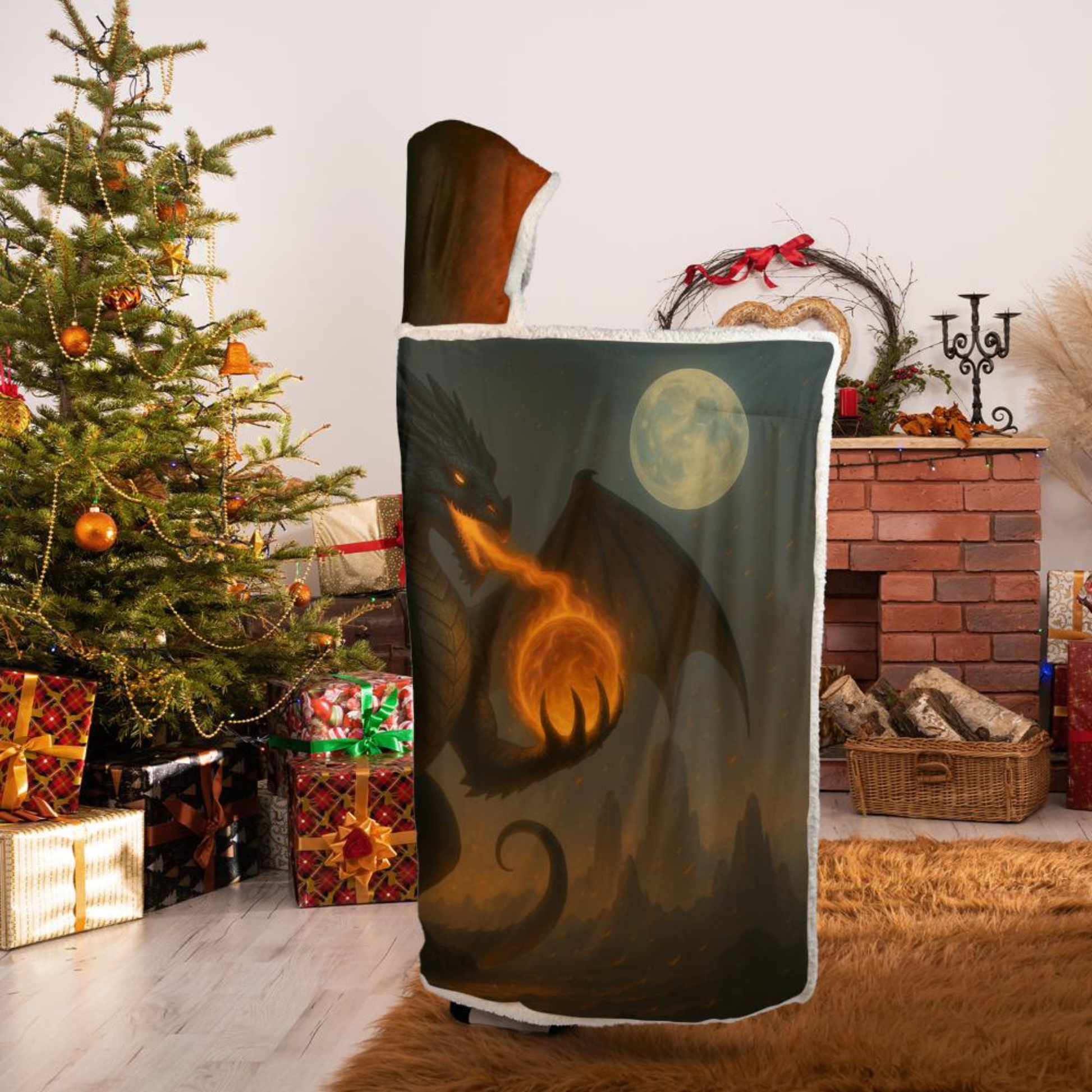 Fire Dragon Hooded Blanket – Adult size, epic dark dragon breathing