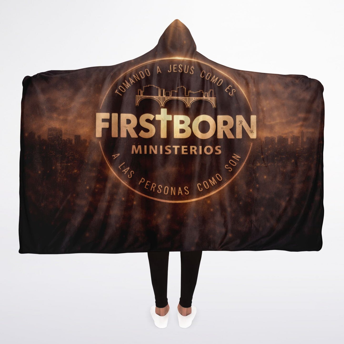 Firstborn Ministerios Celestial Light Hooded Blanket 45×60 – plush fleece comfort wrapped in radiant golden faith-inspired design