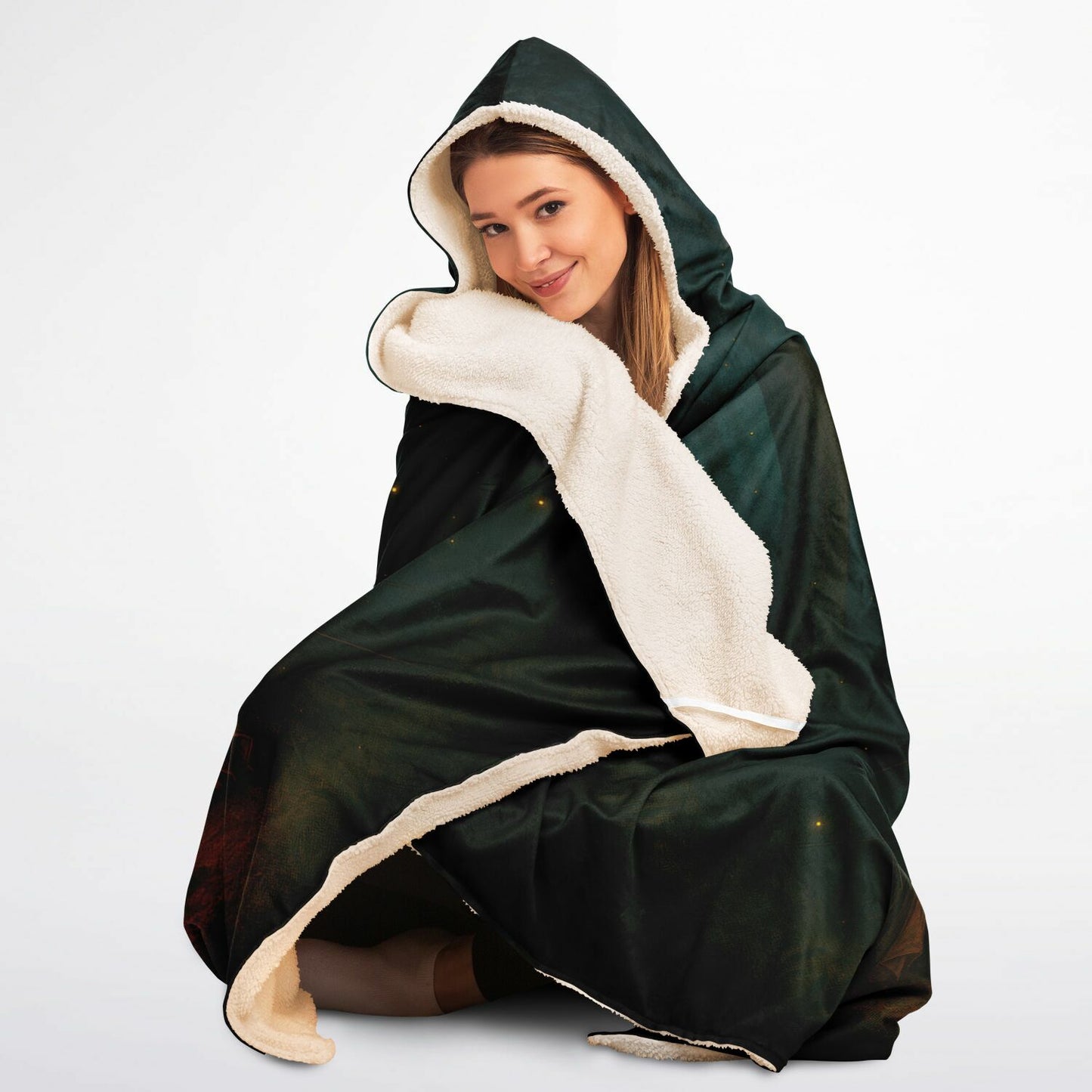 Forest Hideaway Hooded Blanket 45x60 – ultra-soft fleece hooded blanket featuring a magical forest campsite with a glowing tent and cozy campfire, perfect for camping, cabins