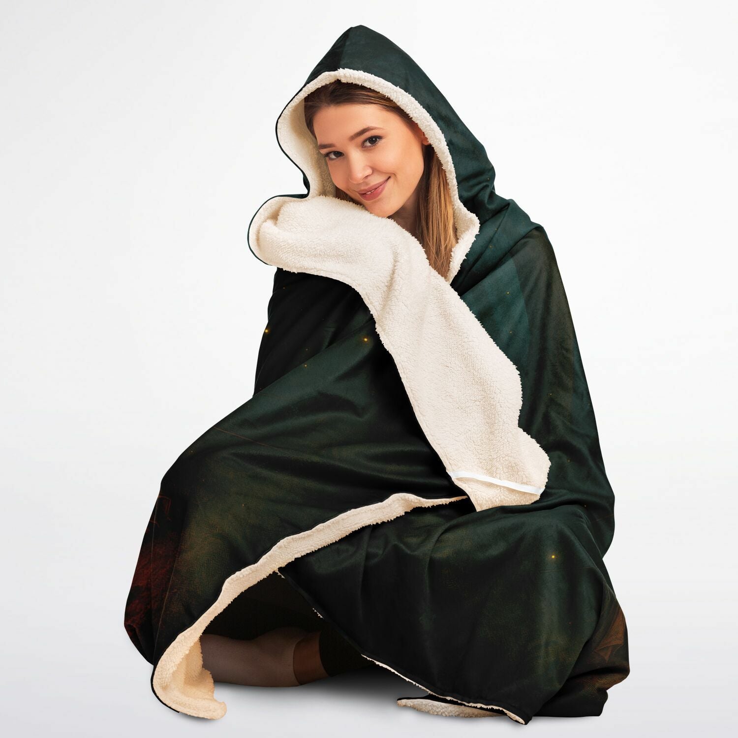 Forest Hideaway Hooded Blanket 45x60 – ultra-soft fleece hooded blanket featuring a magical forest campsite with a glowing tent and cozy campfire, perfect for camping, cabins