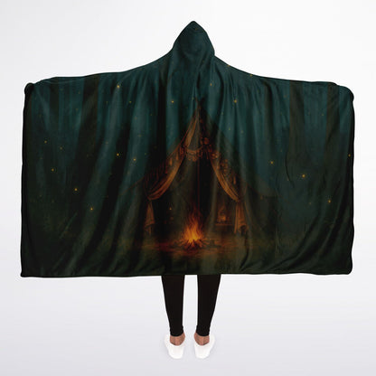 Forest Hideaway Hooded Blanket 45x60 – ultra-soft fleece hooded blanket featuring a magical forest campsite with a glowing tent and cozy campfire, perfect for camping, cabins, and peaceful evenings.
