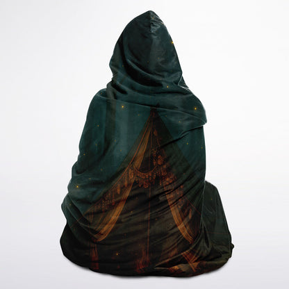 Forest Hideaway Hooded Blanket 45x60 – ultra-soft fleece hooded blanket featuring a magical forest campsite with a glowing tent and cozy campfire, perfect for camping
