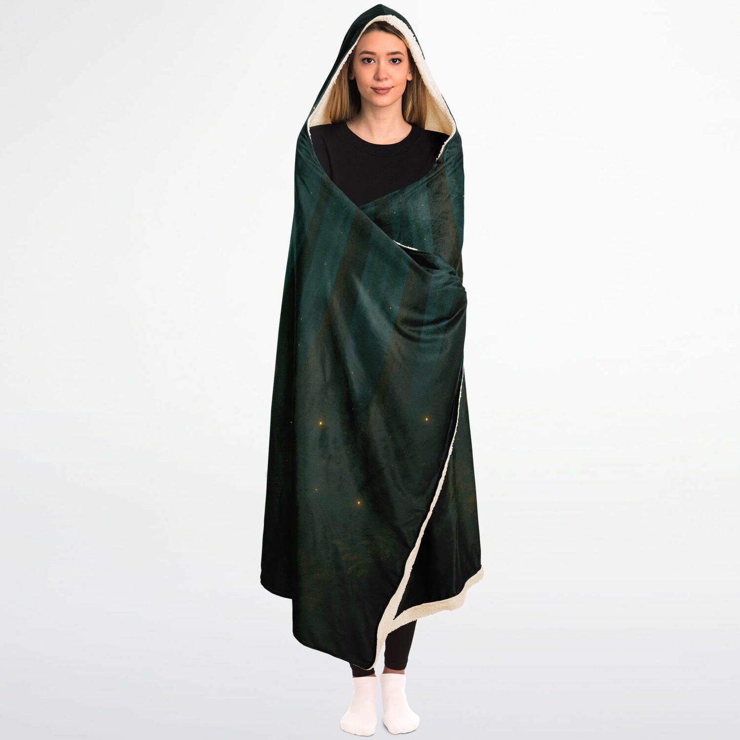 Forest Hideaway Hooded Blanket 45x60 – ultra-soft fleece hooded blanket featuring a magical forest campsite with a glowing tent and cozy campfire, perfect 
