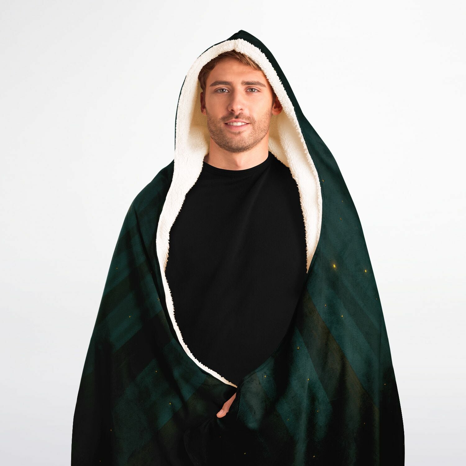 Forest Hideaway Hooded Blanket 60x80 – premium sherpa-lined hooded blanket showcasing a tranquil woodland campsite beneath a starry night, ideal for outdoor adventures, camping lovers
