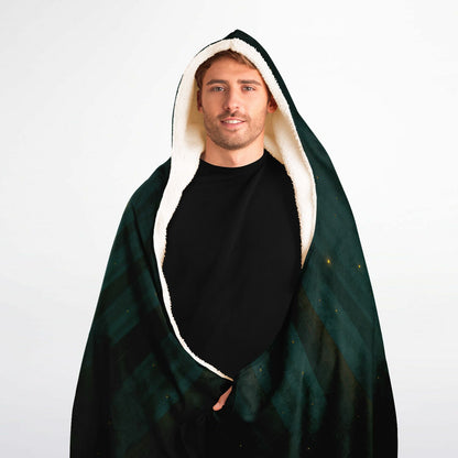 Forest Hideaway Hooded Blanket 60x80 – premium sherpa-lined hooded blanket showcasing a tranquil woodland campsite beneath a starry night, ideal for outdoor adventures, camping lovers