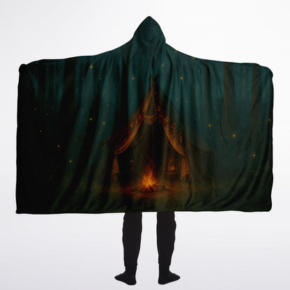 Forest Hideaway Hooded Blanket 60x80 – premium sherpa-lined hooded blanket showcasing a tranquil woodland campsite beneath a starry night, ideal for outdoor adventures, camping lovers, and cozy comfort
