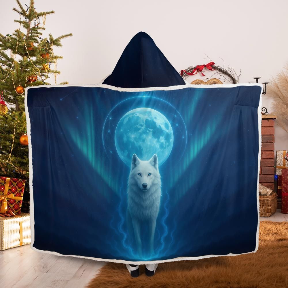 Eclipse Sovereign premium hooded blanket (Adult size), dark celestial design with all-over print, featuring luxury velboa exterior and ultra-soft sherpa lining, worn for warmth and comfort