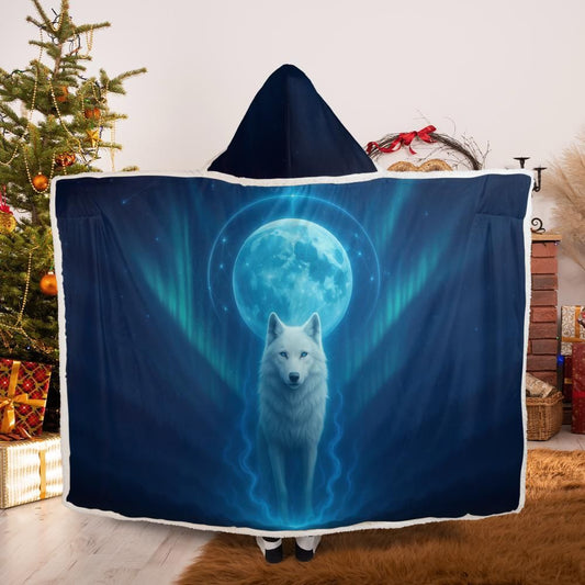 Eclipse Sovereign premium hooded blanket (Adult size), dark celestial design with all-over print, featuring luxury velboa exterior and ultra-soft sherpa lining, worn for warmth and comfort