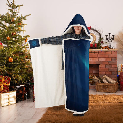 Eclipse Sovereign premium hooded blanket (Adult size), dark celestial design with all-over print, featuring luxury velboa exterior and ultra-soft sherpa lining