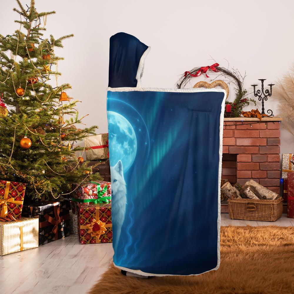 Eclipse Sovereign premium hooded blanket (Adult size), dark celestial design with all-over print, featuring luxury velboa exterior and ultra-soft sherpa lining, worn for warmth 