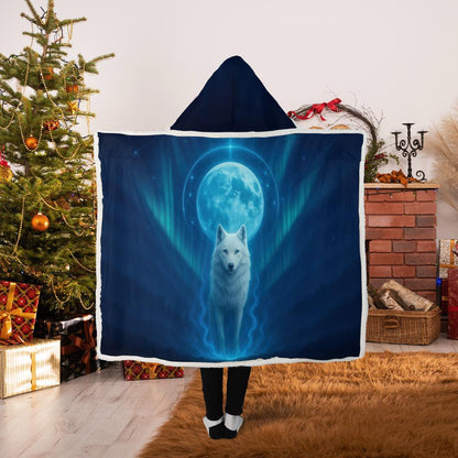 Eclipse Sovereign premium hooded blanket (Kid size), dark celestial design with all-over print, featuring luxury velboa exterior and ultra-soft sherpa lining, worn for warmth and comfort