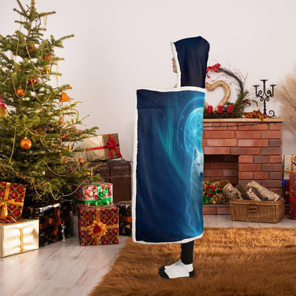 Eclipse Sovereign premium hooded blanket (Kid size), dark celestial design with all-over print, featuring luxury velboa exterior and ultra-soft sherpa lining, worn