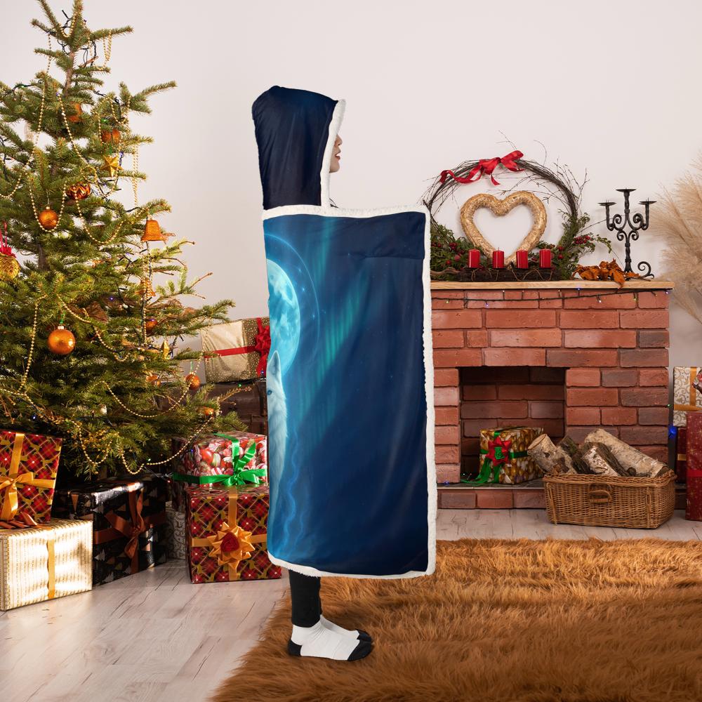 Eclipse Sovereign premium hooded blanket (Kid size), dark celestial design with all-over print, featuring luxury velboa exterior and ultra-soft sherpa lining, worn for warmth 