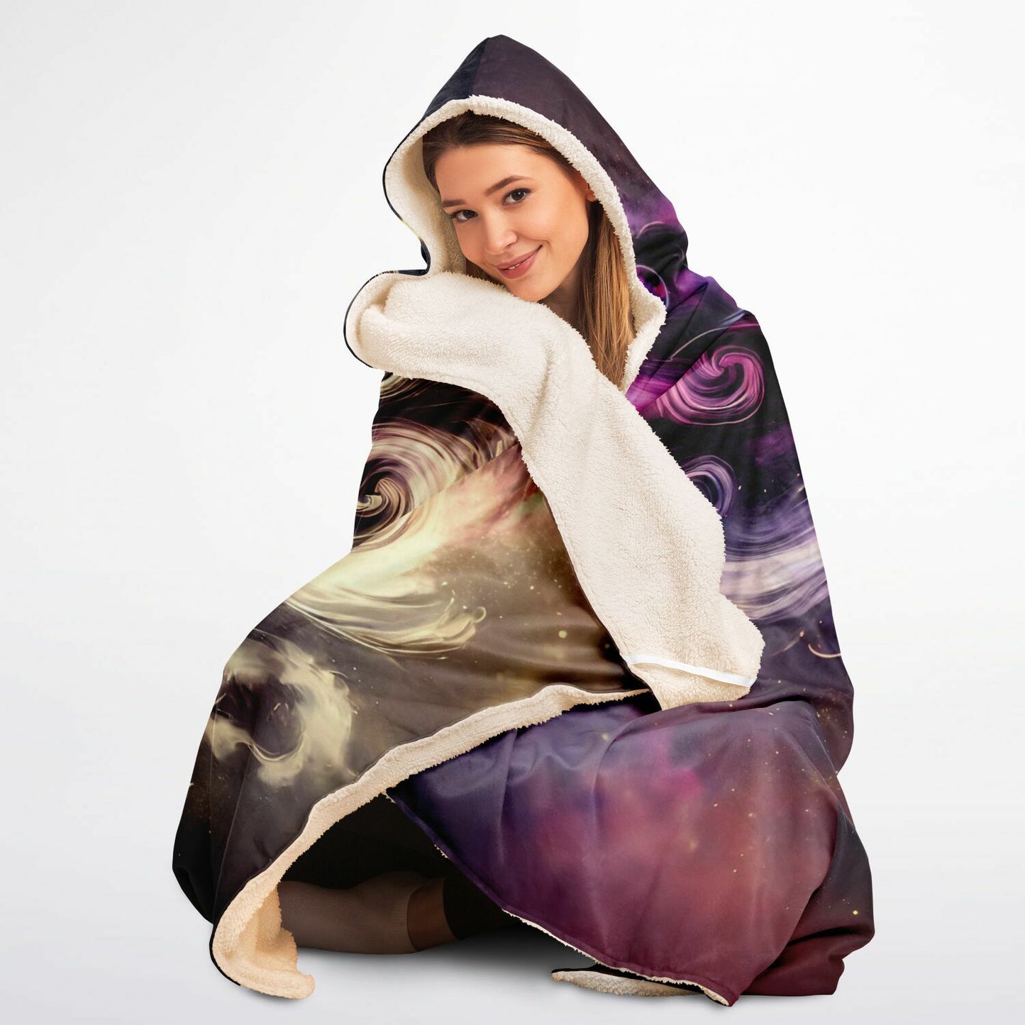 Gemini Shadow and Light Hooded Blanket 45x60 – dual goddess cosmic art with soft 