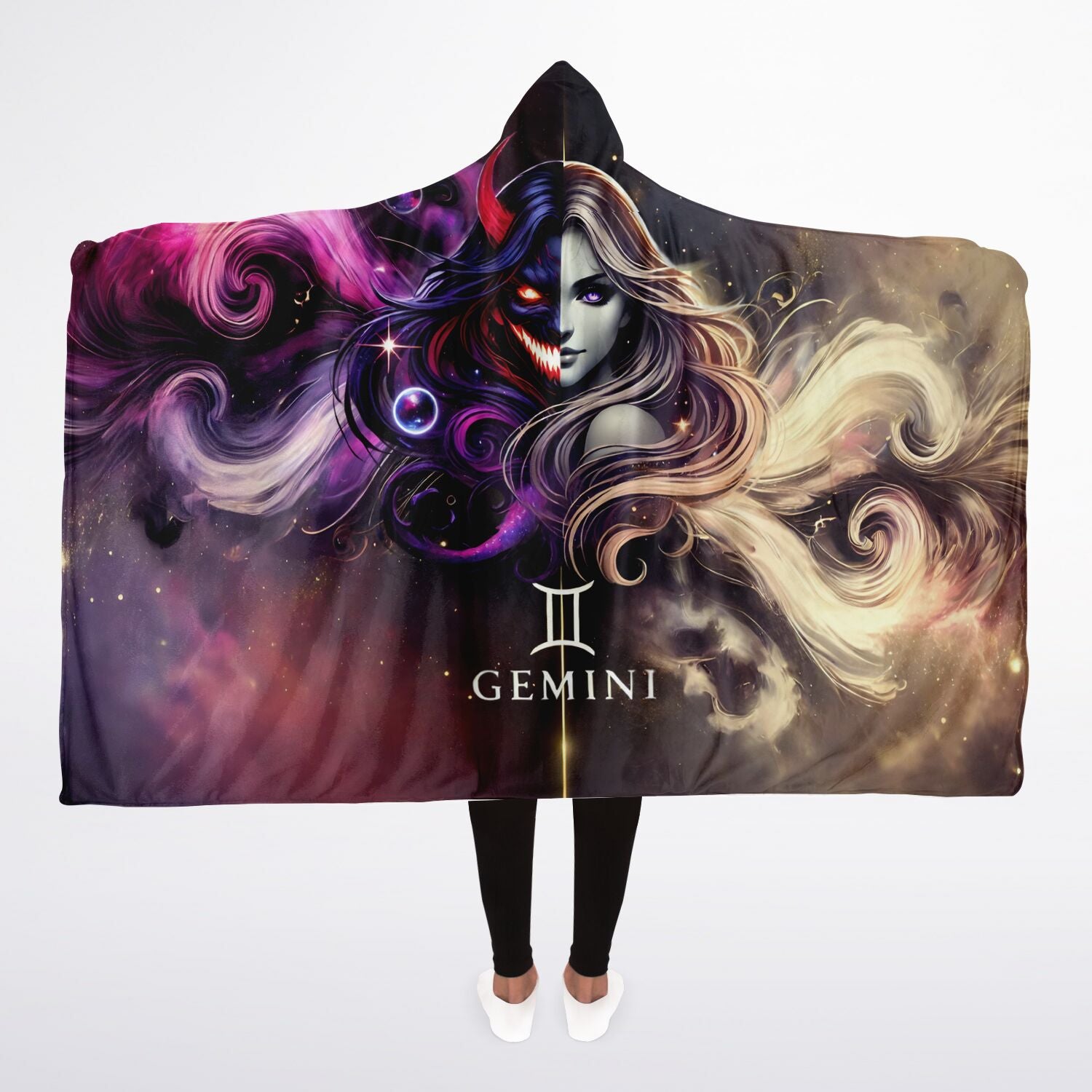 Gemini Shadow and Light Hooded Blanket 45x60 – dual goddess cosmic art with soft fleece warmth