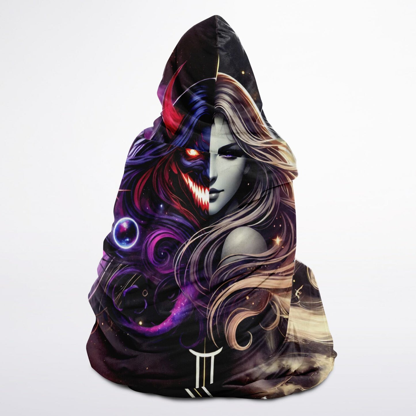 Gemini Shadow and Light Hooded Blanket 45x60 – dual goddess cosmic art with 