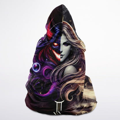 Gemini Shadow and Light Hooded Blanket 45x60 – dual goddess cosmic art with 