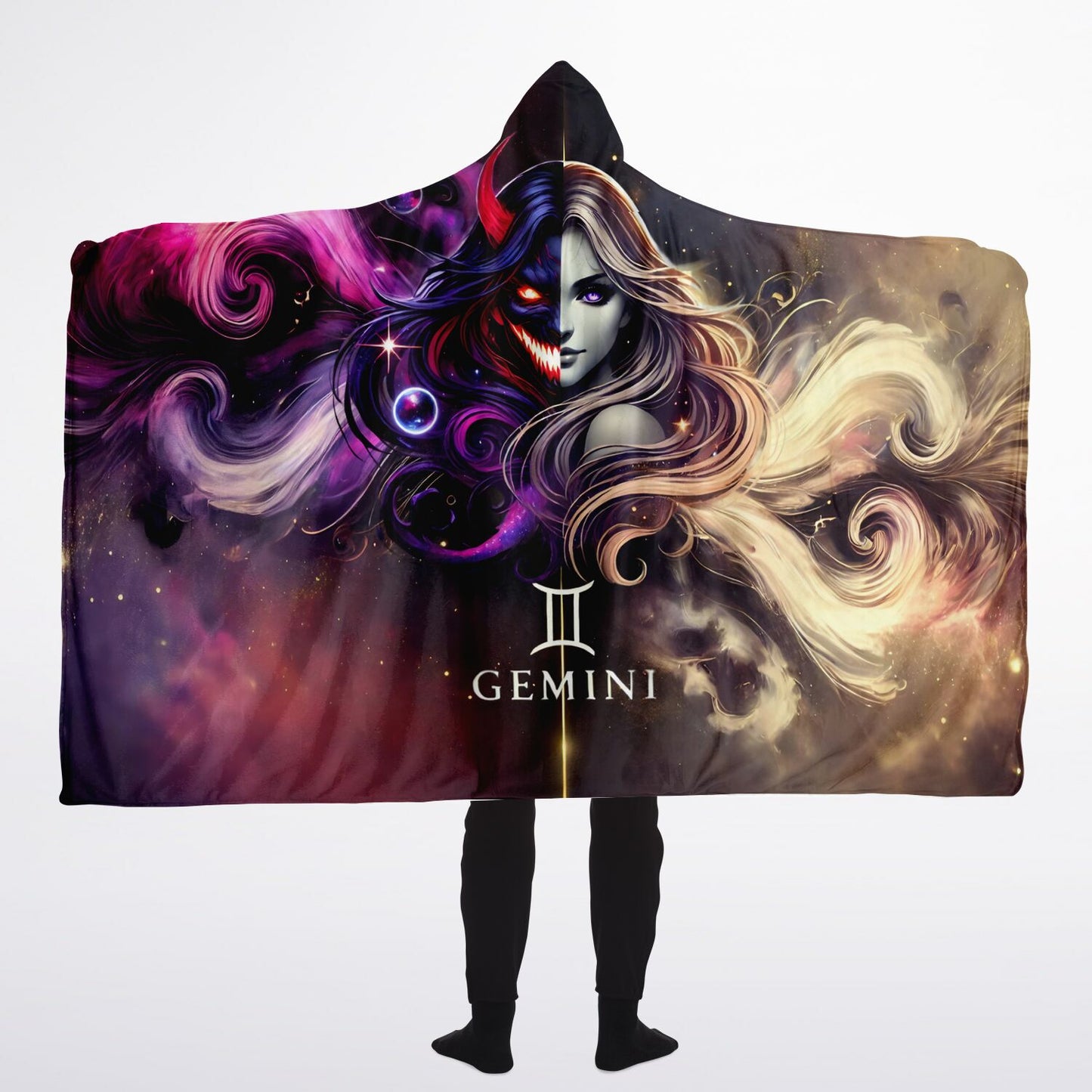 Gemini Shadow and Light Hooded Blanket 60x80 – two-faced celestial design for thinkers and dreamers