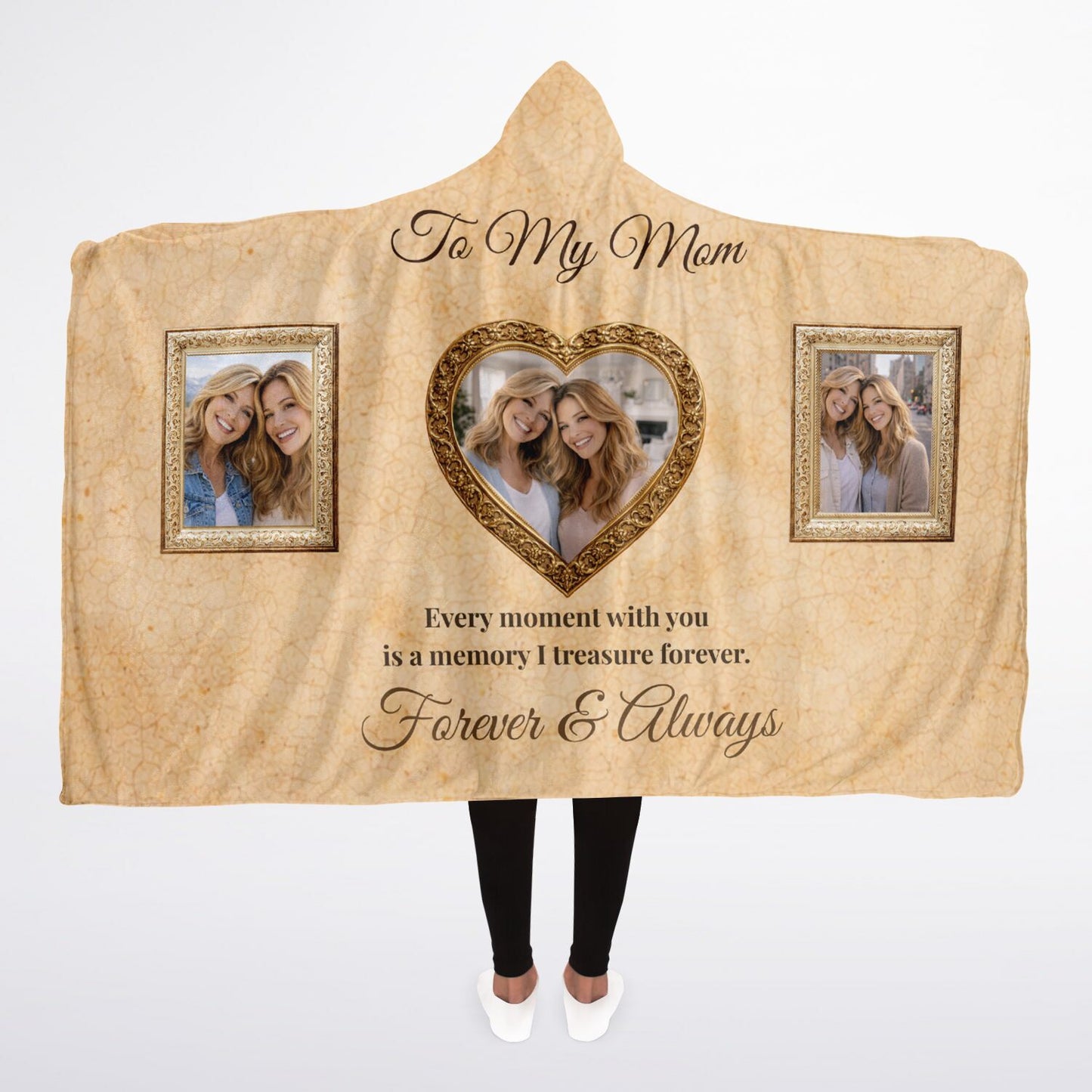 Golden Moments With Mom Hooded Blanket 45x60 – personalized photo blanket with elegant gold frame design for mom