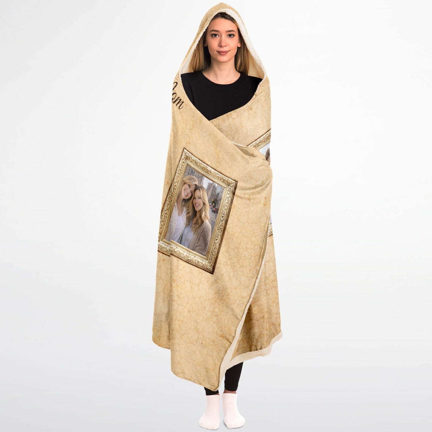 Golden Moments With Mom Hooded Blanket 45x60 – personalized photo blanket with elegant gold frame design for mom beautiful