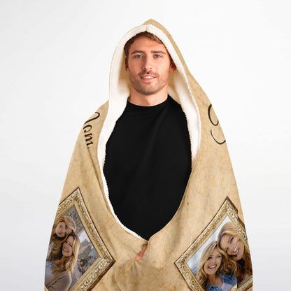 Golden Moments With Mom Hooded Blanket 60x80 – custom photo collage blanket with vintage gold aesthetic and heartfelt message warm