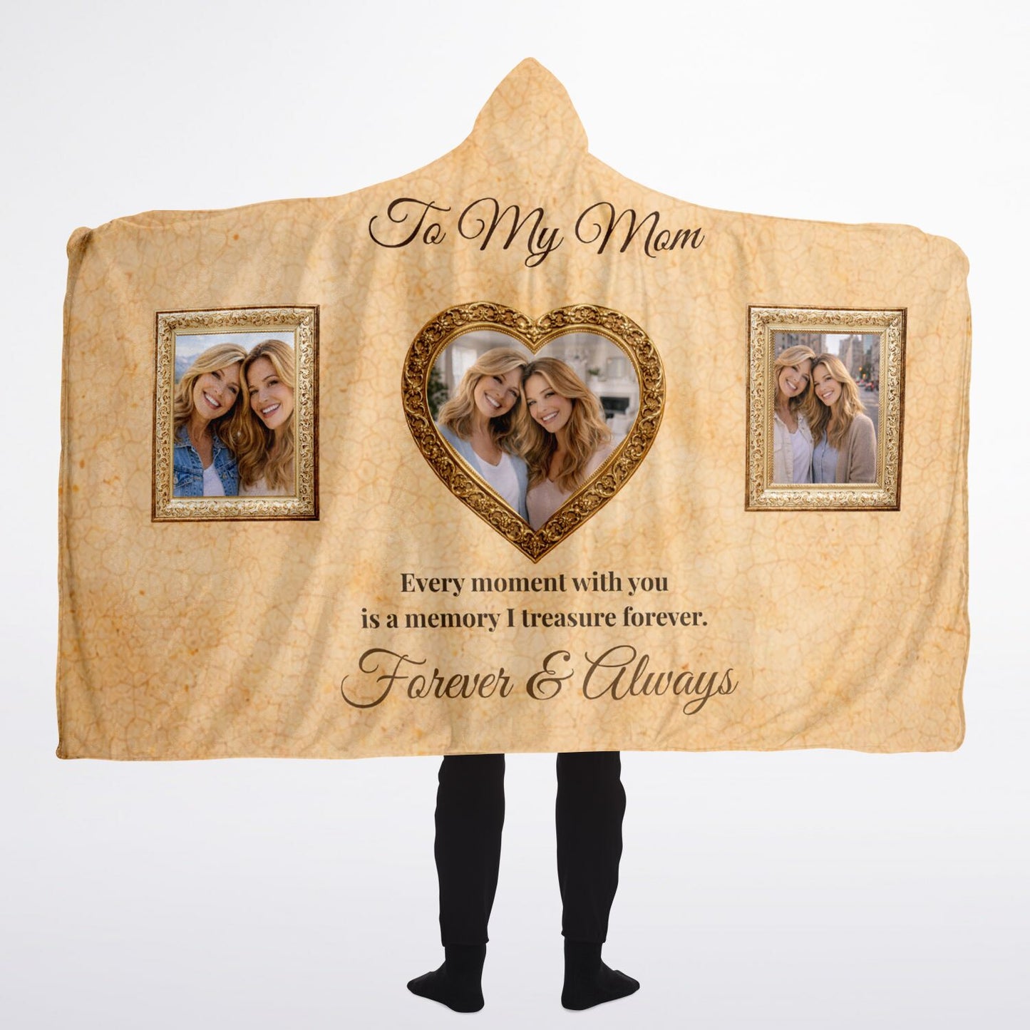 Golden Moments With Mom Hooded Blanket 60x80 – custom photo collage blanket with vintage gold aesthetic and heartfelt message 