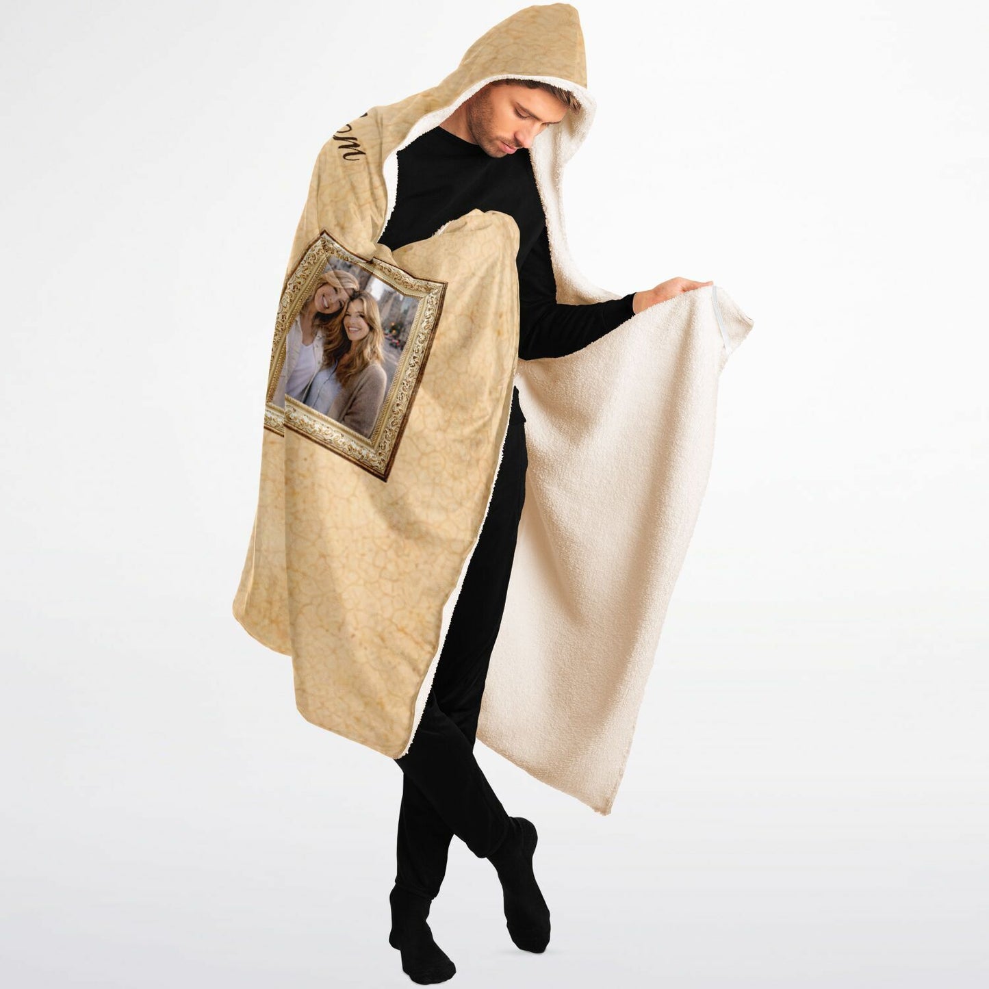Golden Moments With Mom Hooded Blanket 60x80 – custom photo collage blanket with vintage gold aesthetic and heartfelt message cozy