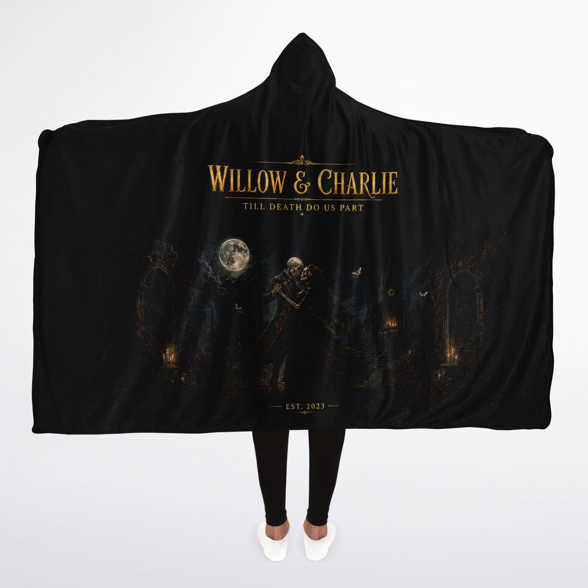Gothic Skeleton Couple Halloween Hooded Blanket 45x60 – ultra-soft fleece hooded blanket featuring a customizable skeleton couple beneath a full moon, warm