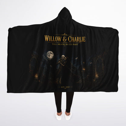 Gothic Skeleton Couple Halloween Hooded Blanket 45x60 – ultra-soft fleece hooded blanket featuring a customizable skeleton couple beneath a full moon, warm