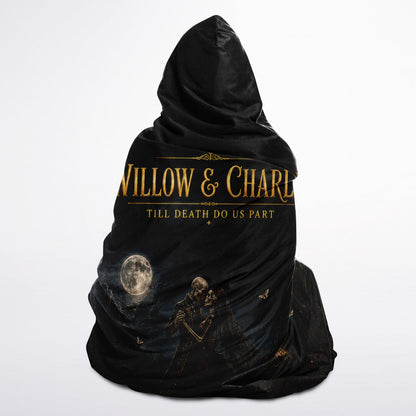 Gothic Skeleton Couple Halloween Hooded Blanket 45x60 – ultra-soft fleece hooded blanket featuring a customizable skeleton couple beneath a full moon warm