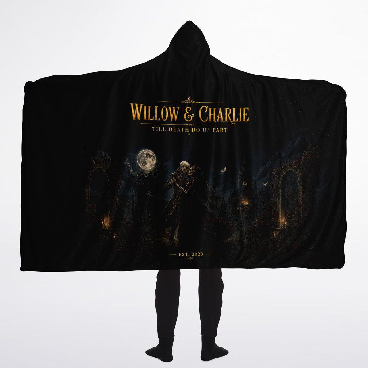 Gothic Skeleton Couple Halloween Hooded Blanket 60x80 – oversized cozy sherpa hooded blanket featuring a romantic gothic couple and personalized details