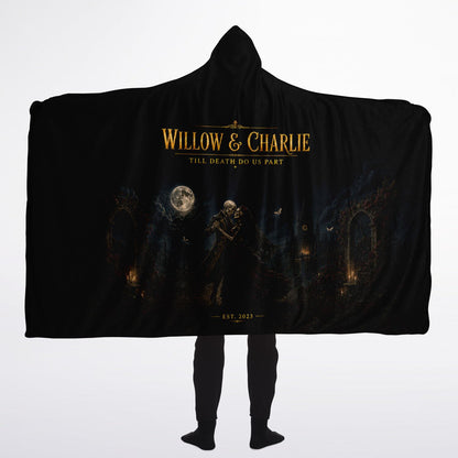 Gothic Skeleton Couple Halloween Hooded Blanket 60x80 – oversized cozy sherpa hooded blanket featuring a romantic gothic couple and personalized details