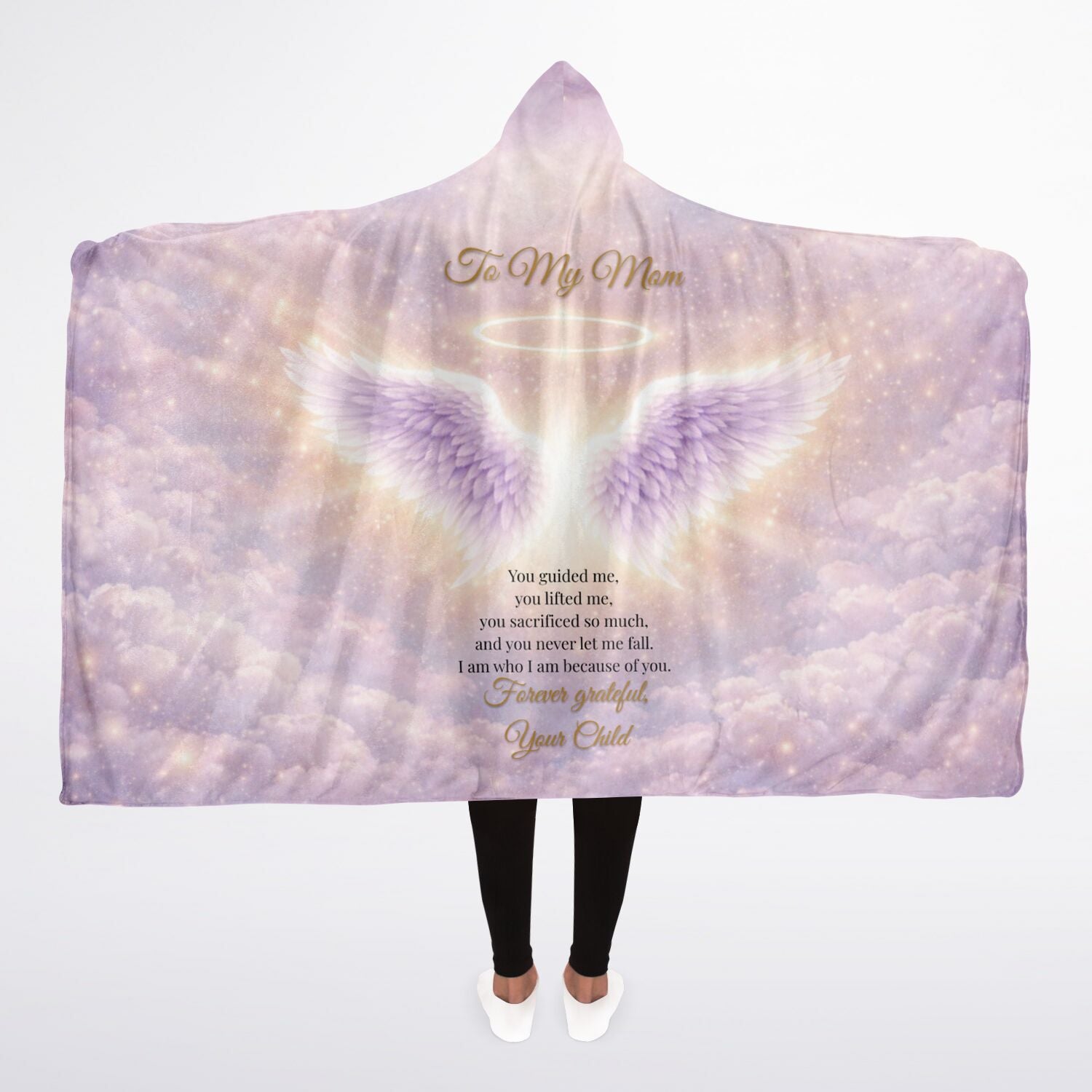 Grateful for You Mom Hooded Blanket 45x60 – emotional angel wings design with heartfelt message for mom
