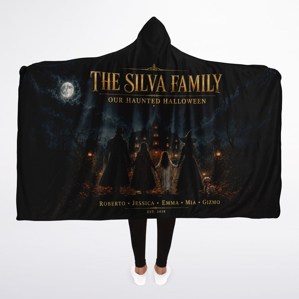 Haunted Family Halloween Hooded Blanket 45x60 – ultra-soft fleece hooded blanket featuring a customizable family walking toward a haunted mansion, warm