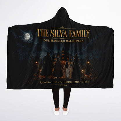Haunted Family Halloween Hooded Blanket 45x60 – ultra-soft fleece hooded blanket featuring a customizable family walking toward a haunted mansion, warm