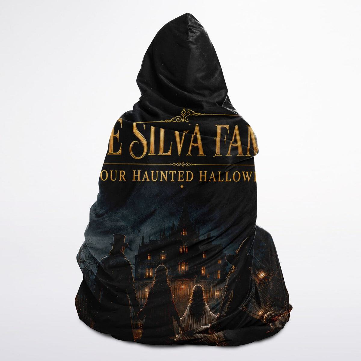 Haunted Family Halloween Hooded Blanket 45x60 – ultra-soft fleece hooded blanket featuring a customizable family walking toward a haunted mansion, cozy
