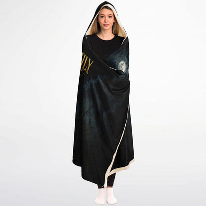 Haunted Family Halloween Hooded Blanket 45x60 – ultra-soft fleece hooded blanket featuring a customizable family walking toward a haunted 