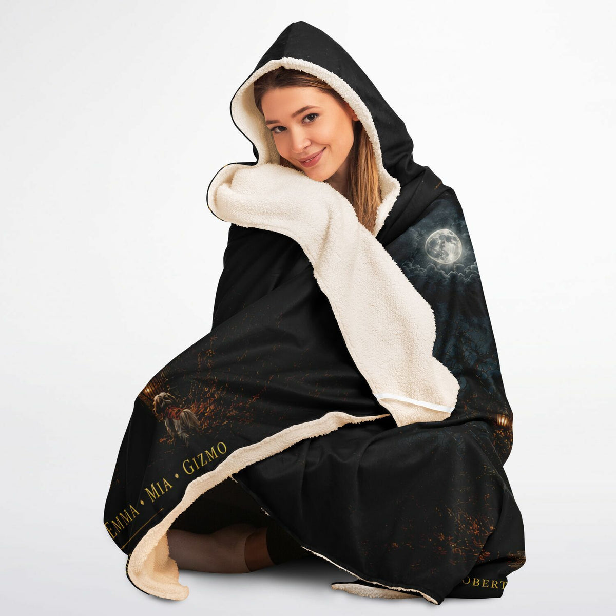 Haunted Family Halloween Hooded Blanket 45x60 – ultra-soft fleece hooded blanket featuring a customizable family walking toward a haunted mansion, ultra cozy warm