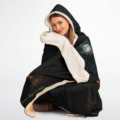 Haunted Family Halloween Hooded Blanket 45x60 – ultra-soft fleece hooded blanket featuring a customizable family walking toward a haunted mansion, ultra cozy warm