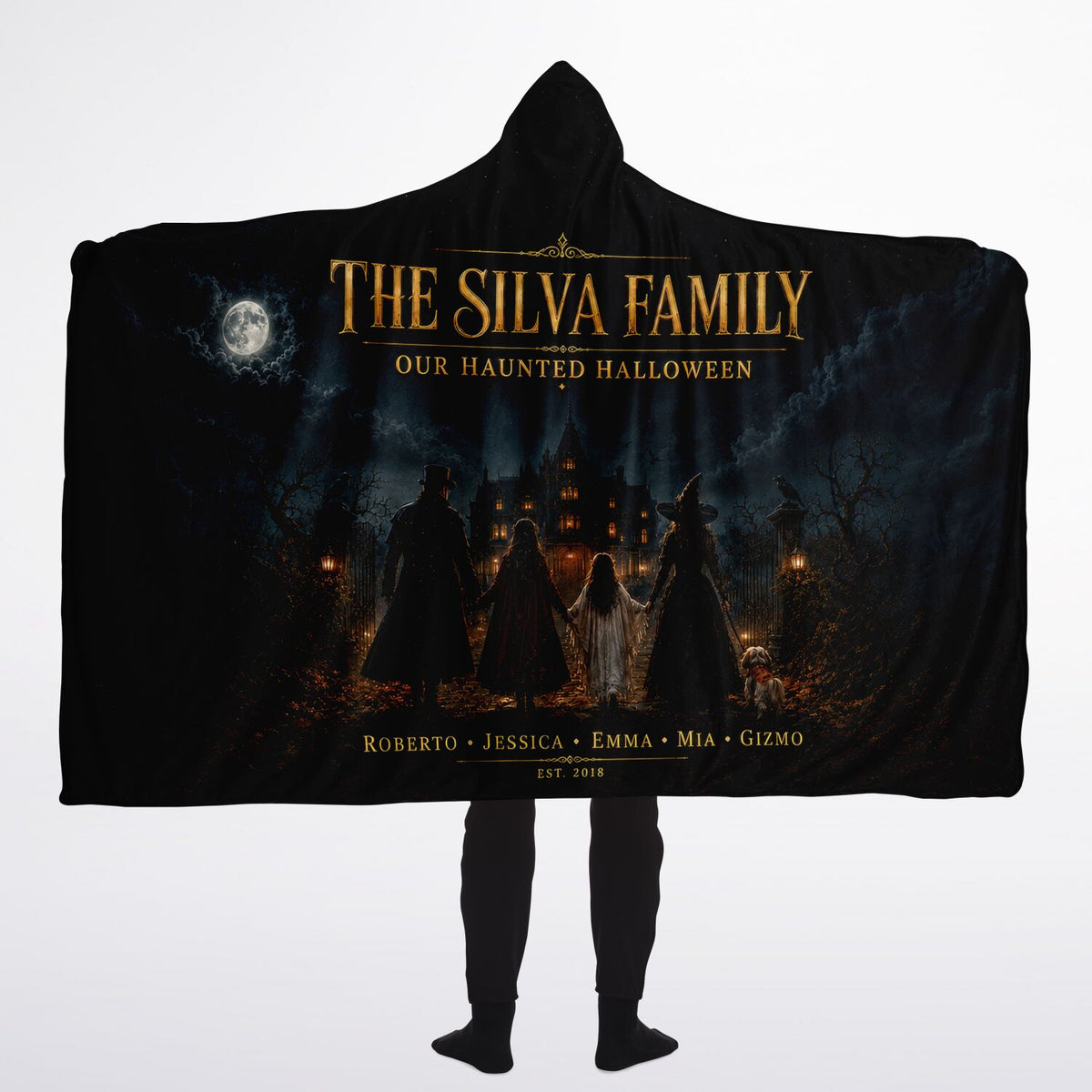 Haunted Family Halloween Hooded Blanket 60x80 – oversized cozy sherpa hooded blanket featuring a personalized family scene beneath a moonlit Halloween sky