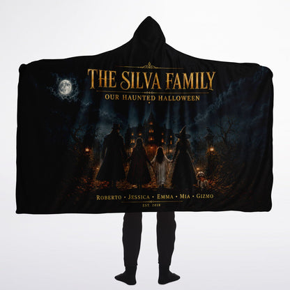Haunted Family Halloween Hooded Blanket 60x80 – oversized cozy sherpa hooded blanket featuring a personalized family scene beneath a moonlit Halloween sky
