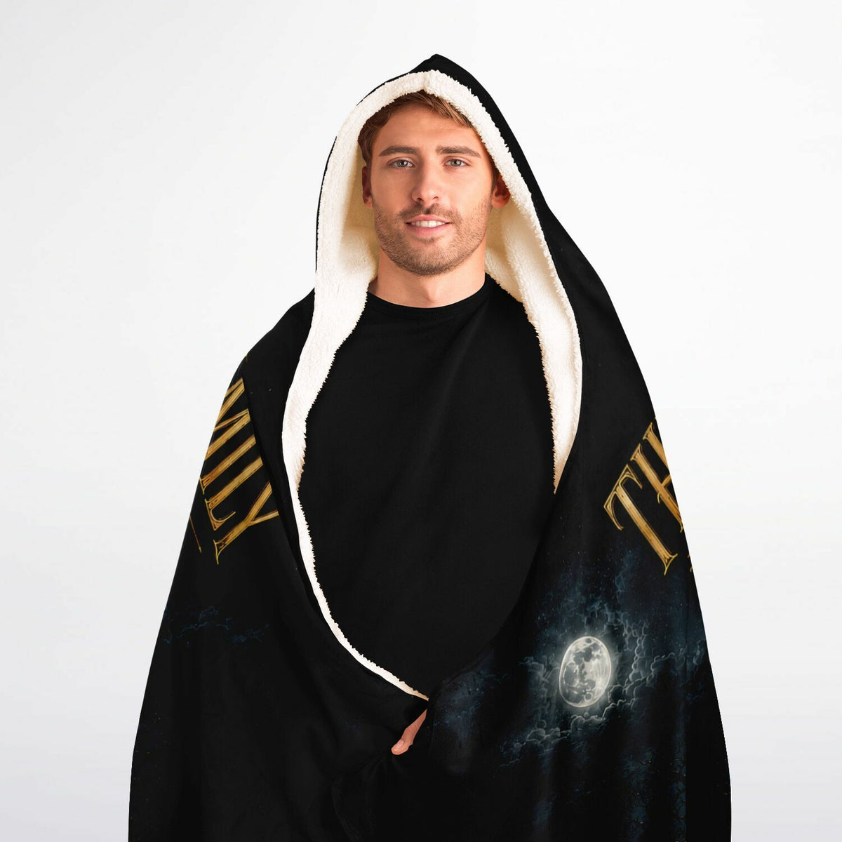 Haunted Family Halloween Hooded Blanket 60x80 – oversized cozy sherpa hooded blanket featuring a personalized family scene beneath a moonlit Halloween sky, ultra warm