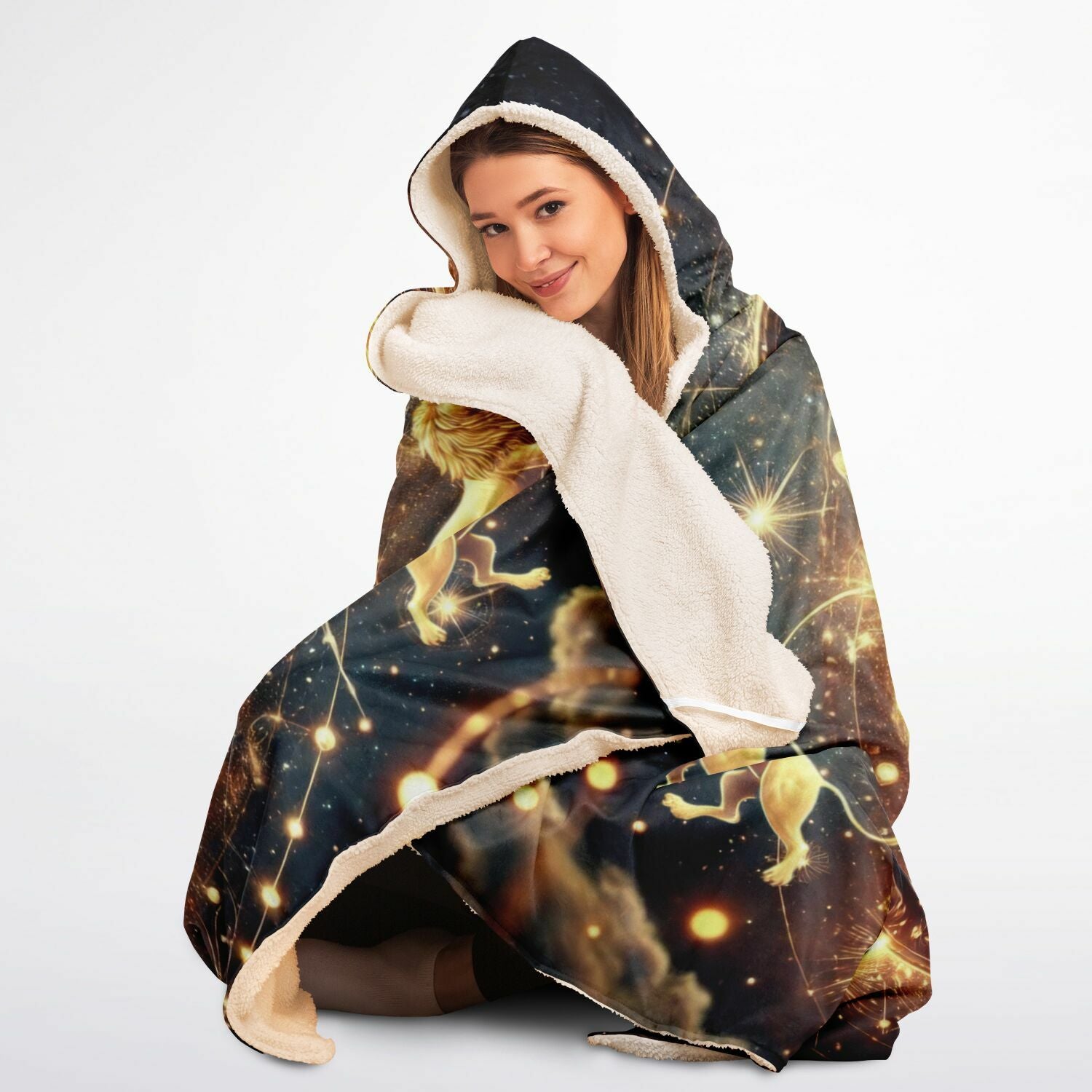 Leo Radiance Hooded Blanket 45x60 – zodiac lion cosmic glow, plush exterior and cozy 