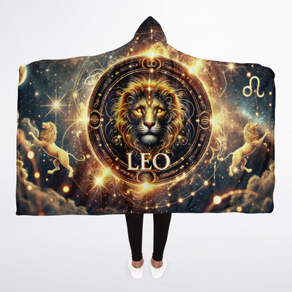 Leo Radiance Hooded Blanket 45x60 – zodiac lion cosmic glow, plush exterior and cozy sherpa lining