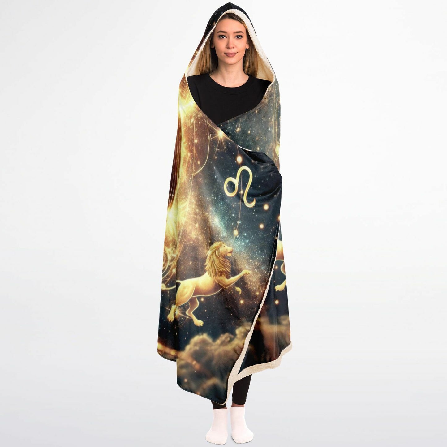 Leo Radiance Hooded Blanket 45x60 – zodiac lion cosmic glow, plush 