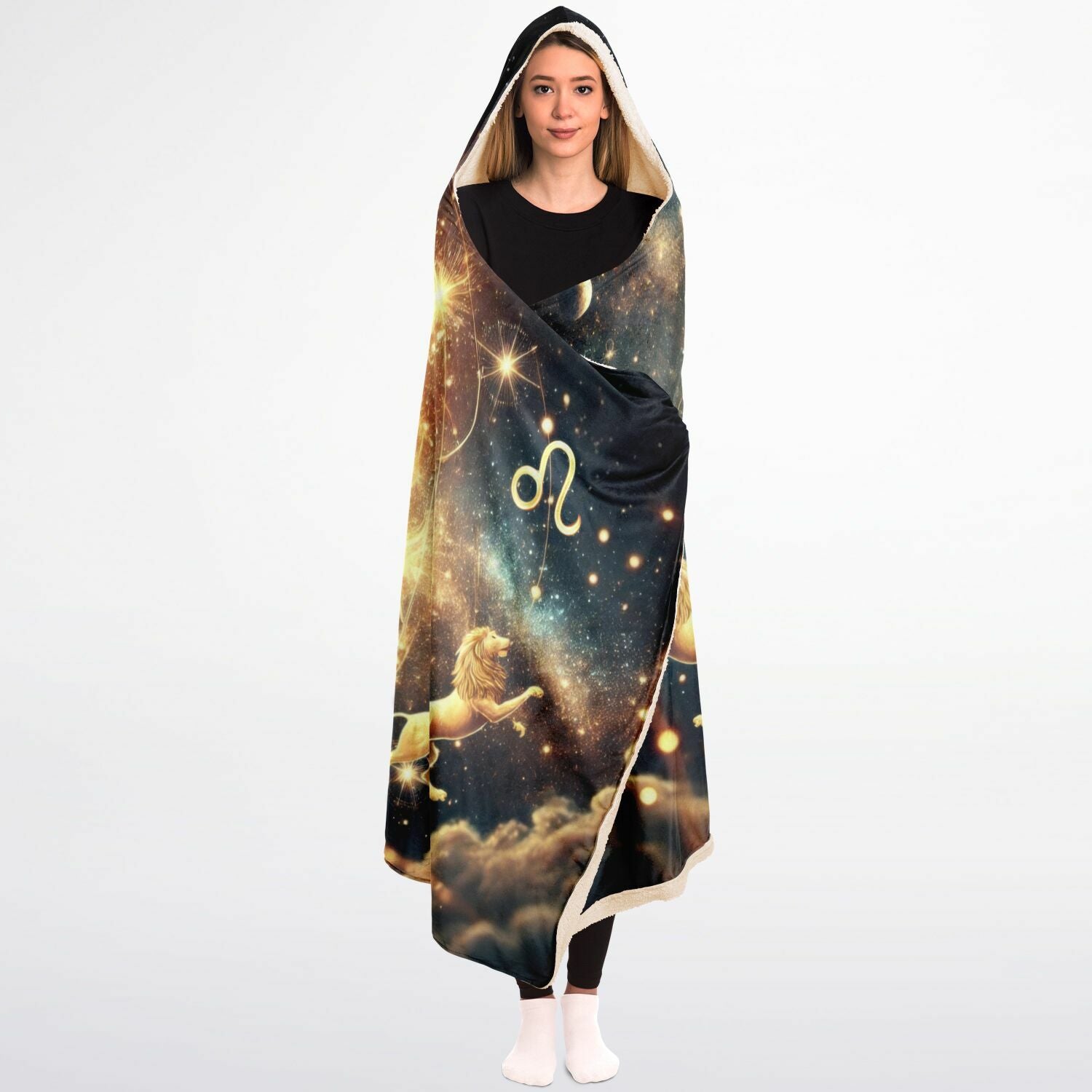 Leo Hooded Blanket 45x60 – soft fleece blanket featuring a majestic cosmic lion surrounded by glowing golden constellations, zodiac wheel details, and fiery celestial light. Ideal for astrology lovers, Leo personalities, and anyone drawn